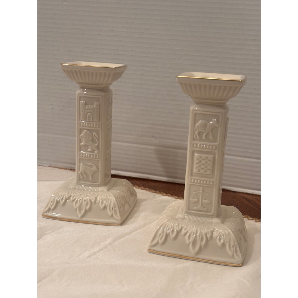 Lenox Twelve Tribes of Israel Candlesticks Ivory Gold Trim Set of 2 USA Made7.5"